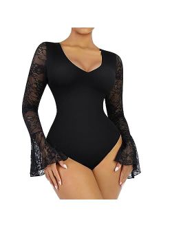 Bodysuit for Women Deep V Neck Long Bell Sleeve Tops for Tummy Control Thong Sheer Lace Shaper S-2XL