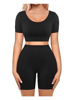 Workout Sets for Women 2 Piece Workout Outfits Short Sleeve Gym Set Seamless Crop Top High Waist Shorts