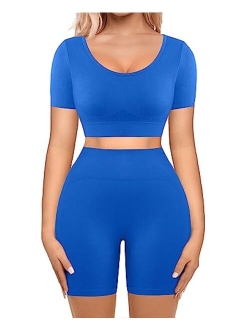 Workout Sets for Women 2 Piece Workout Outfits Short Sleeve Gym Set Seamless Crop Top High Waist Shorts