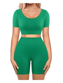 Workout Sets for Women 2 Piece Workout Outfits Short Sleeve Gym Set Seamless Crop Top High Waist Shorts