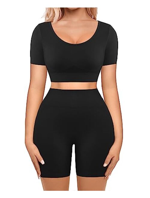 FeelinGirl Workout Sets for Women 2 Piece Workout Outfits Short Sleeve Gym Set Seamless Crop Top High Waist Shorts