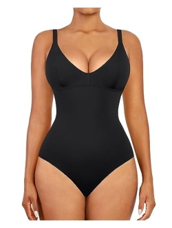 Bodysuit For Women Deep V Neck Thong Shapewear Tummy Control Seamless Body Shaper Sleeveless