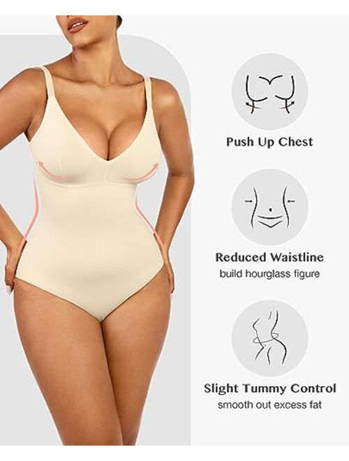 FeelinGirl Bodysuit For Women Deep V Neck Thong Shapewear Tummy Control Seamless Body Shaper Sleeveless