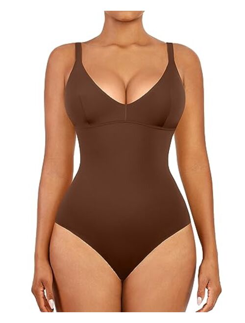 FeelinGirl Bodysuit For Women Deep V Neck Thong Shapewear Tummy Control Seamless Body Shaper Sleeveless