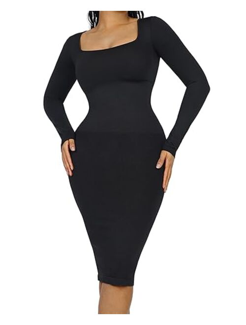 FeelinGirl Women Long Sleeve Retro Bodycon Dresses for Women Maxi Shaper Dress with Removable Bra Shapewear Dress