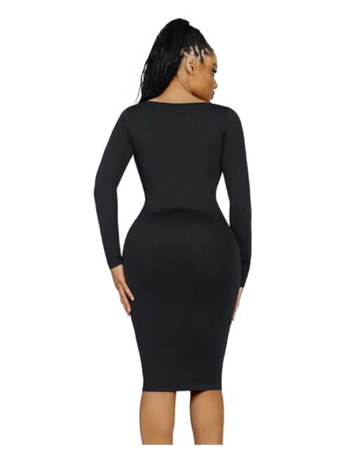 FeelinGirl Women Long Sleeve Retro Bodycon Dresses for Women Maxi Shaper Dress with Removable Bra Shapewear Dress