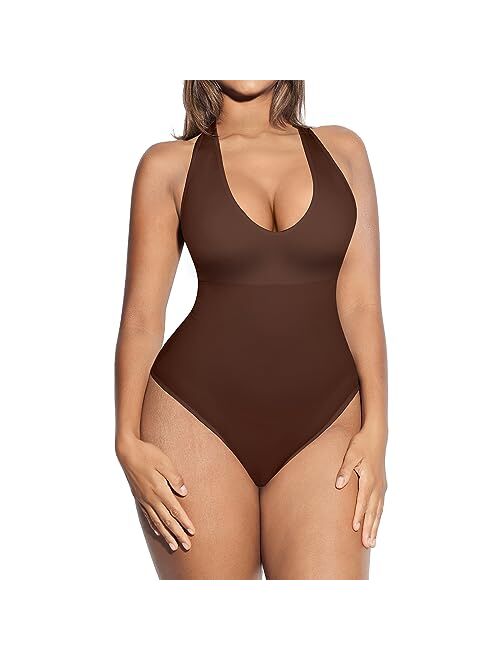 FeelinGirl Halter Bodysuit for Women Leotard V Neck Sleeveless Backless Bodysuit Thong Tank Tops