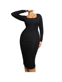 Shaping Dress for Women Ruched Bodycon Dress Tummy Control Built in Bra Long Sleeve Dress