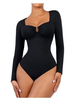 Body Suits for Womens Long Sleeve Thong Bodysuit Sweetheart V Neck Top Shirt Black/White