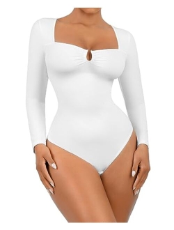 Body Suits for Womens Long Sleeve Thong Bodysuit Sweetheart V Neck Top Shirt Black/White