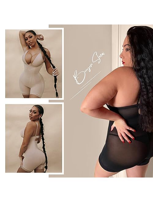 FeelinGirl Tummy Control Shapewear for Women U Plunge Full Body Shaper Low Back Bodysuit Mid Thigh Faja with Built in Bra