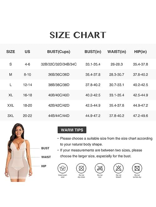 FeelinGirl Tummy Control Shapewear for Women U Plunge Full Body Shaper Low Back Bodysuit Mid Thigh Faja with Built in Bra