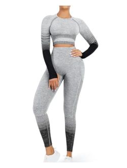 Workout Sets for Women 2 Piece Long Sleeve Gym Outfit Yoga Set Crop Top High Waist Legging with Pocket