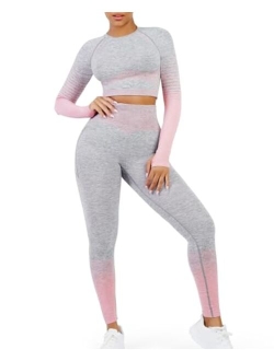 Workout Sets for Women 2 Piece Long Sleeve Gym Outfit Yoga Set Crop Top High Waist Legging with Pocket