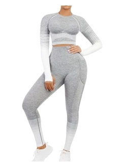 Workout Sets for Women 2 Piece Long Sleeve Gym Outfit Yoga Set Crop Top High Waist Legging with Pocket