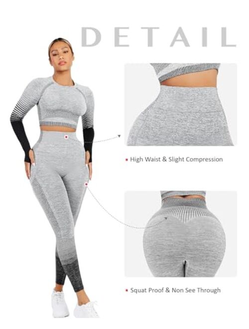 FeelinGirl Workout Sets for Women 2 Piece Long Sleeve Gym Outfit Yoga Set Crop Top High Waist Legging with Pocket