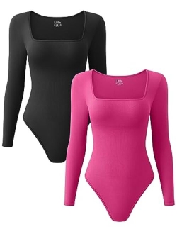 Women's 2 Piece Bodysuits Sexy Ribbed One Piece Square Neck Long Sleeve Bodysuits