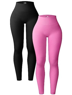 Women's 2 Piece Yoga Leggings Ribbed Seamless Workout High Waist Athletic Pants