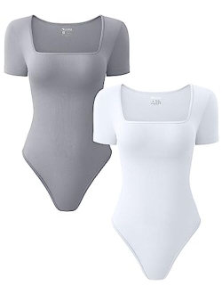 Women's 2 Piece Bodysuits Sexy Ribbed One Piece Square Neck Short Sleeve Bodysuits