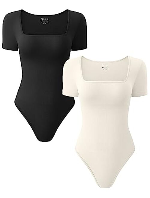 OQQ Women's 2 Piece Bodysuits Sexy Ribbed One Piece Square Neck Short Sleeve Bodysuits