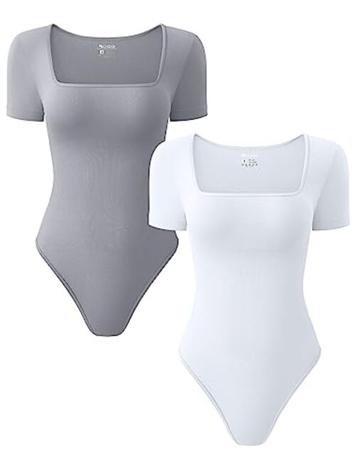 OQQ Women's 2 Piece Bodysuits Sexy Ribbed One Piece Square Neck Short Sleeve Bodysuits