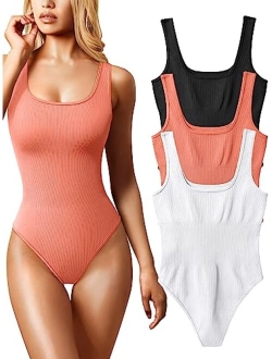 Women's 3 Piece Bodysuits Sexy Ribbed Sleeveless Square Neck Sleeveless Tank Tops Bodysuits