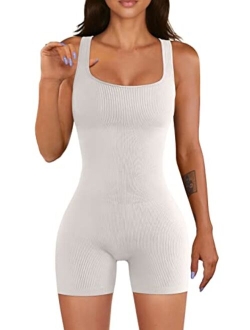 Women Yoga Rompers Workout Ribbed Square Neck Sleeveless Sport Romper