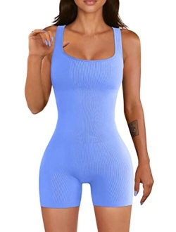 Women Yoga Rompers Workout Ribbed Square Neck Sleeveless Sport Romper