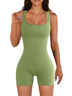 Women Yoga Rompers Workout Ribbed Square Neck Sleeveless Sport Romper