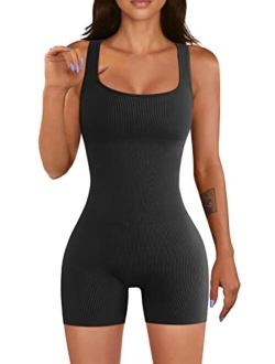 Women Yoga Rompers Workout Ribbed Square Neck Sleeveless Sport Romper