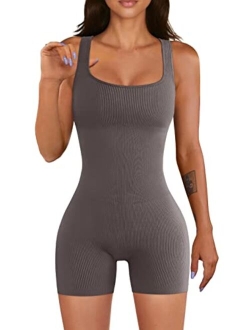 Women Yoga Rompers Workout Ribbed Square Neck Sleeveless Sport Romper