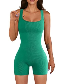 Women Yoga Rompers Workout Ribbed Square Neck Sleeveless Sport Romper