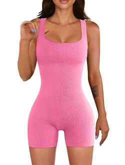 Women Yoga Rompers Workout Ribbed Square Neck Sleeveless Sport Romper