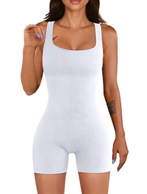 OQQ Women Yoga Rompers Workout Ribbed Square Neck Sleeveless Sport Romper