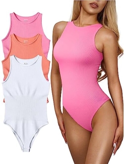 Women's 3 Piece Bodysuits Sexy Ribbed One Piece Sleeveless Halter Neck Bodysuits