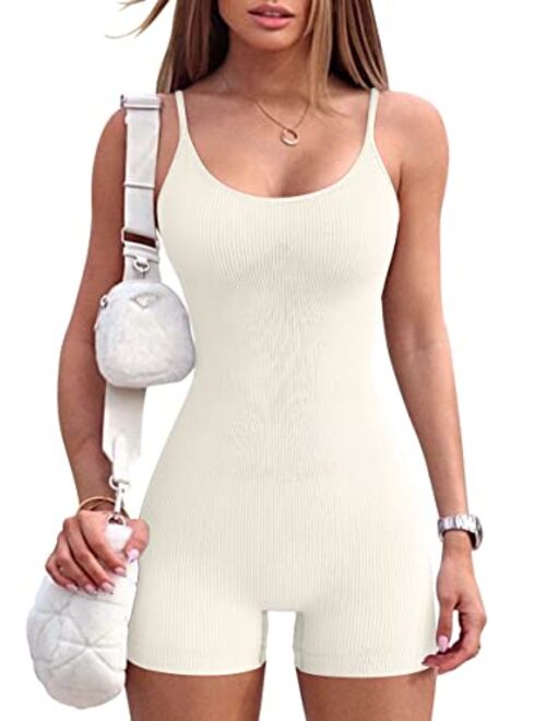 OQQ Women Yoga Rompers Workout Ribbed Square Neck Sleeveless Sport Romper