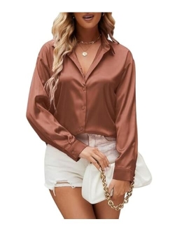 Damipow Satin Silk Button Down Shirts for Women Dress Shirts Long Sleeve Blouses Womens Shirts