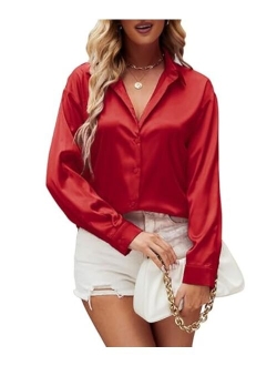 Damipow Satin Silk Button Down Shirts for Women Dress Shirts Long Sleeve Blouses Womens Shirts