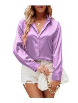 Damipow Satin Silk Button Down Shirts for Women Dress Shirts Long Sleeve Blouses Womens Shirts