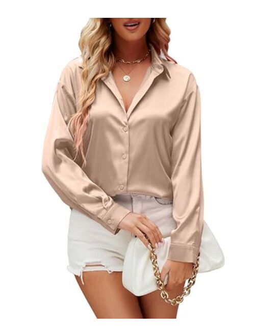 Damipow Satin Silk Button Down Shirts for Women Dress Shirts Long Sleeve Blouses Womens Shirts