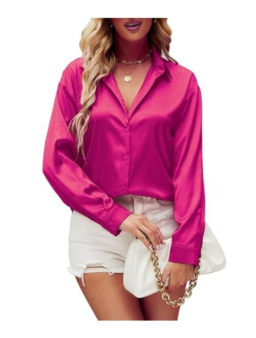 Damipow Satin Silk Button Down Shirts for Women Dress Shirts Long Sleeve Blouses Womens Shirts