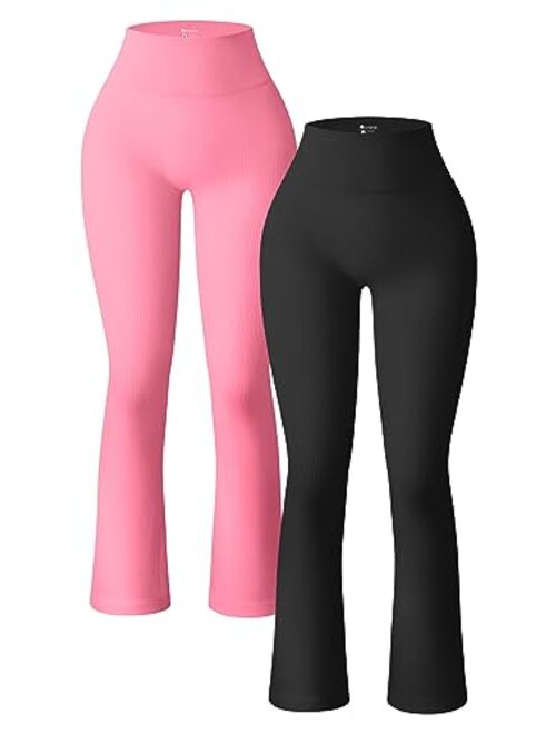 OQQ Women's 2 Piece Yoga Pants Ribbed Seamless Workout High Waist Bell Bottoms Flare Leggings