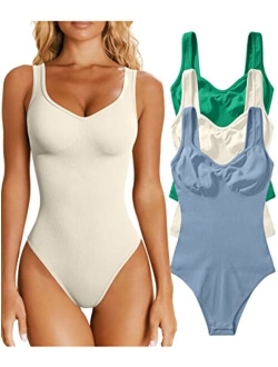 Women's 3 Piece Bodysuits Sexy Ribbed Sleeveless Shapewear Tank Tops Bodysuits