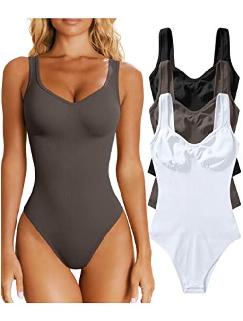 OQQ Women's 3 Piece Bodysuits Sexy Ribbed Sleeveless Shapewear Tank Tops Bodysuits