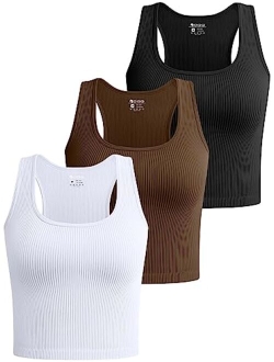 Women's 3 Piece Crop Tank Tops Ribbed Seamless Workout Sleeveless Shirts Racerback Crop Tops