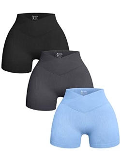 Women's 3 Piece Yoga Shorts Ribbed Seamless Workout High Waist Cross Over Athletic Leggings