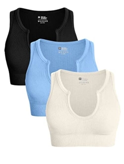 Women's 3 Piece Medium Support Crop Top Seamless Ribbed Removable Cups Workout Yoga Sport Bra