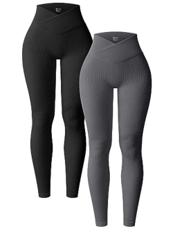 Women's 2 Piece Yoga Leggings Ribbed Seamless Workout High Waist Cross Over Athletic Exercise Leggings