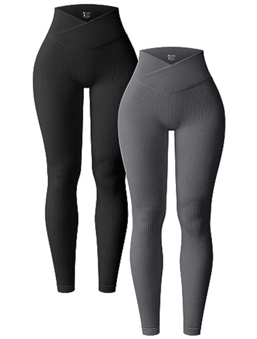 OQQ Women's 2 Piece Yoga Leggings Ribbed Seamless Workout High Waist Cross Over Athletic Exercise Leggings