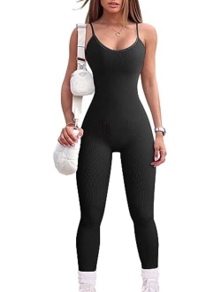 Women's Yoga Jumpsuits Sexy Ribbed One Piece Spaghetti Straps Tummy Control JumpSuits